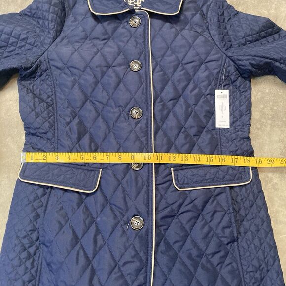 Chicos Jacket Womens 10 Clasic Navy Blue Quilted Elongated Outerwear Leather - Picture 4 of 14